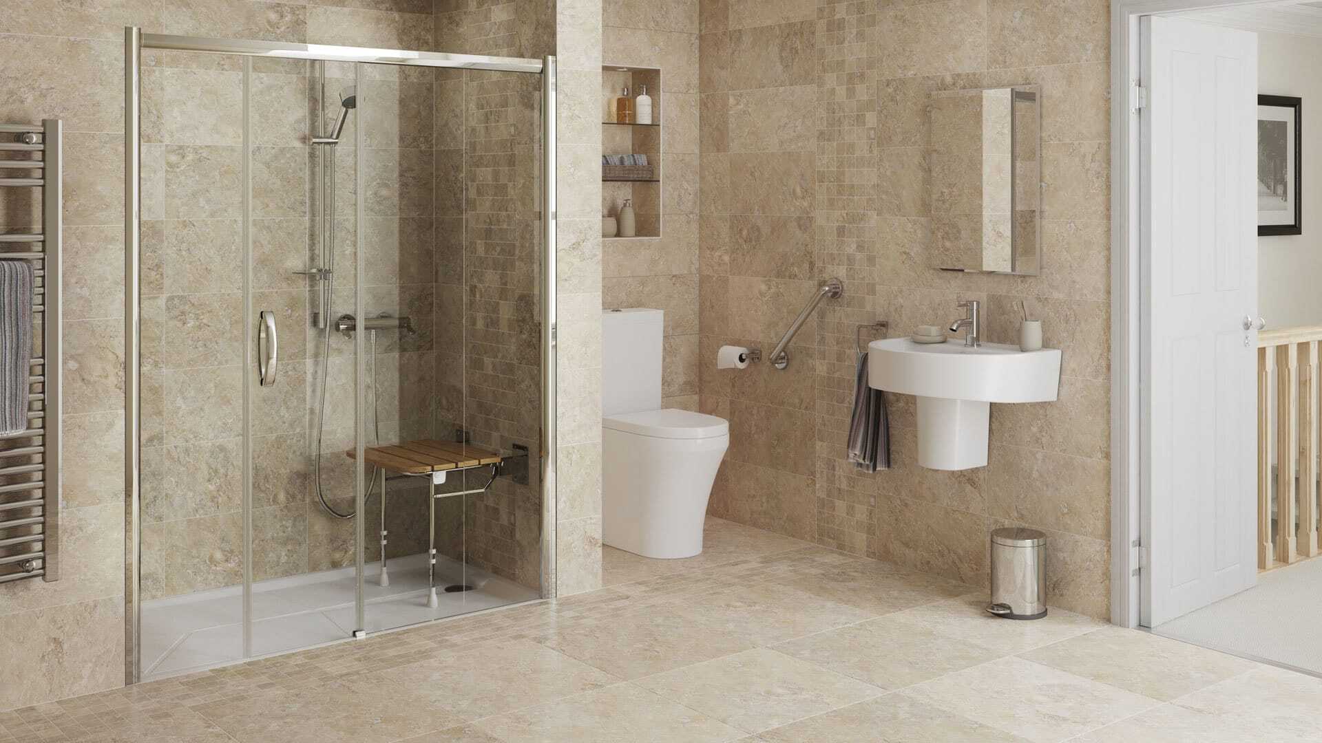 Accessible bathroom renovation in Sydney with level-access shower, fold-down seat and grab rails