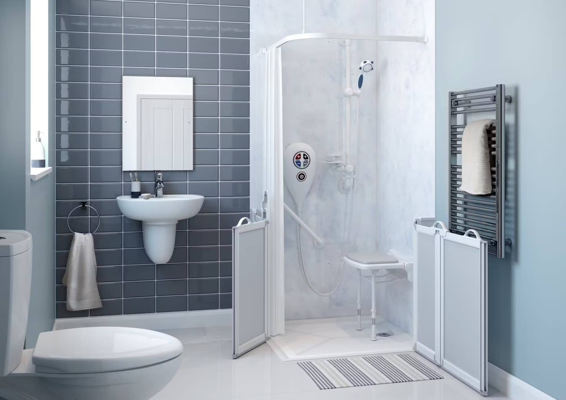 Accessible bathroom design in Sydney with walk-in shower, safety features and heated towel rail