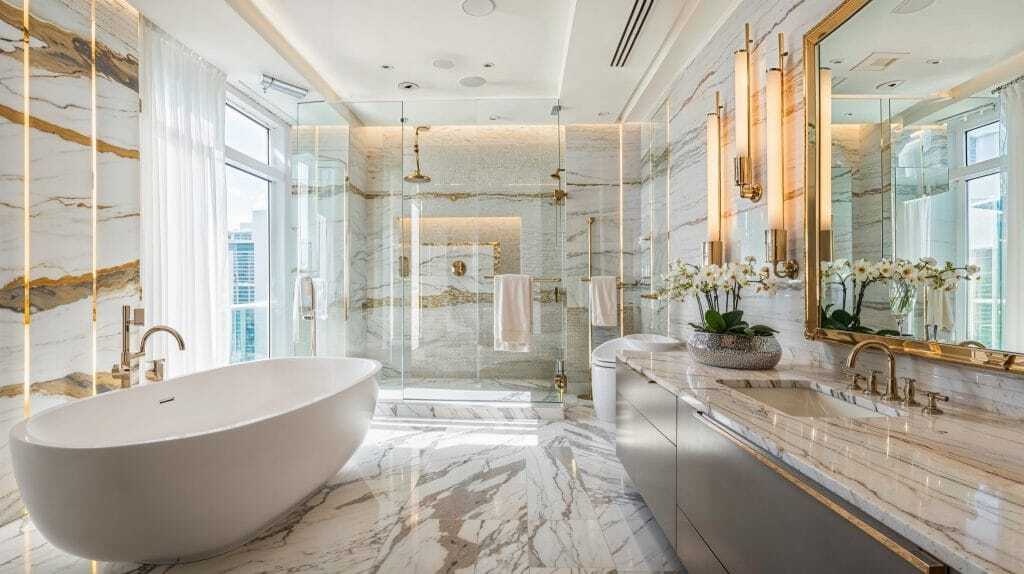Opulent Sydney bathroom with Calacatta gold marble, freestanding bath and gold fixtures